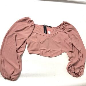 Boohoo Women Cropped Balloon Sleeved Blouse Size US 22 Pink Top Shirt Solid New